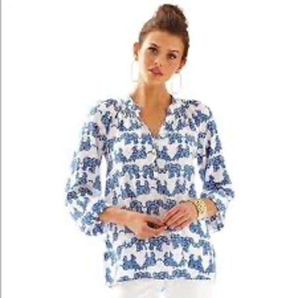 Lilly Pulitzer Tops - Lilly Pulitzer Elephant Long Sleeve Elsa Top Blue White Womens Size Small